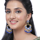 Gold-Plated Navy Blue Kundan & White Pearls studded Peacock Shaped Handcrafted Drop Earrings