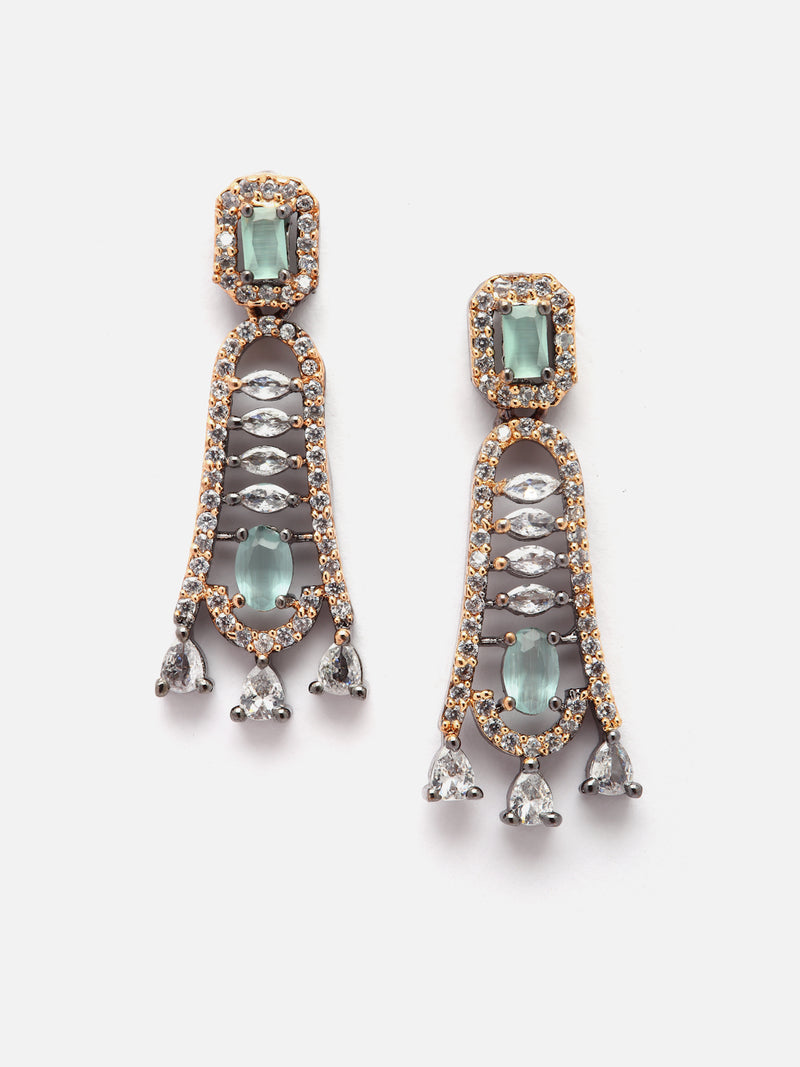 Rose Gold-Plated Gunmetal Toned Sea Green American Diamond studded Classic Contemporary Drop Earring