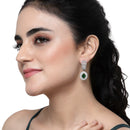 Rhodium-Plated Green American Diamond studded Handcrafted Oval Shaped Drop Earrings