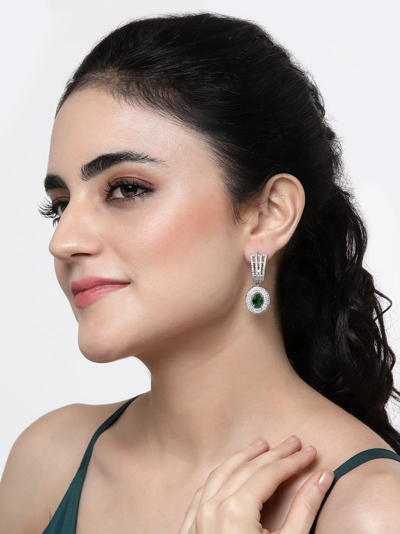 Rhodium-Plated Green American Diamond studded Handcrafted Oval Shaped Drop Earrings