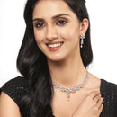 Rhodium-Plated Silver Toned Flower Sea Green & Pink American Diamond Studded Necklace with Earrings Jewellery set
