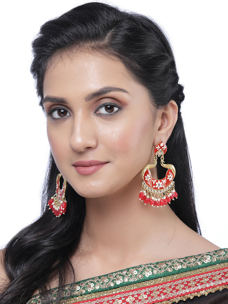 Gold-Plated Red Kundan & White Pearls studded Peacock Shaped Handcrafted Drop Earrings