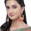 Gold-Plated Red Kundan & White Pearls studded Peacock Shaped Handcrafted Drop Earrings