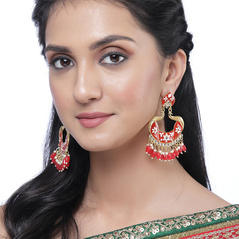 Gold-Plated Red Kundan & White Pearls studded Peacock Shaped Handcrafted Drop Earrings
