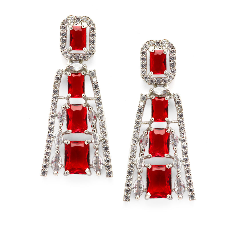 Rhodium-Plated Red American Diamond studded Contemporary Drop Earrings