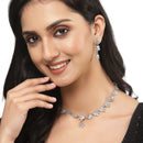 Oxidised Silver-Plated Flower Shaped White American Diamond Studded Necklace with Earrings Jewellery Set
