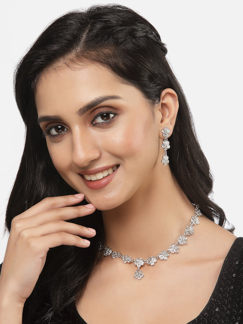 Oxidised Silver-Plated Flower Shaped White American Diamond Studded Necklace with Earrings Jewellery Set