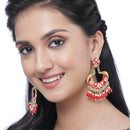 Gold-Plated Red Kundan & White Pearls studded Peacock Shaped Handcrafted Drop Earrings