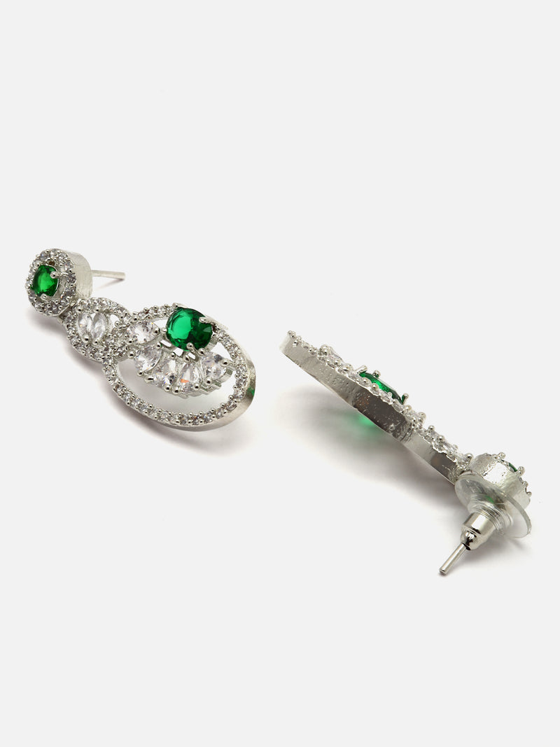 Rhodium-Plated Green American Diamond studded Oval & Quirky Shaped Drop Earrings