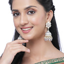 Gold-Plated Grey & White Kundan-Pearls studded Crescent Shaped Hand Painted Jhumka Earrings