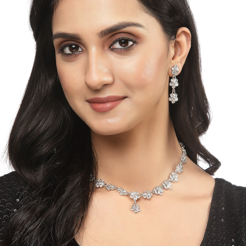 Oxidised Silver-Plated Flower Shaped White American Diamond Studded Necklace with Earrings Jewellery Set