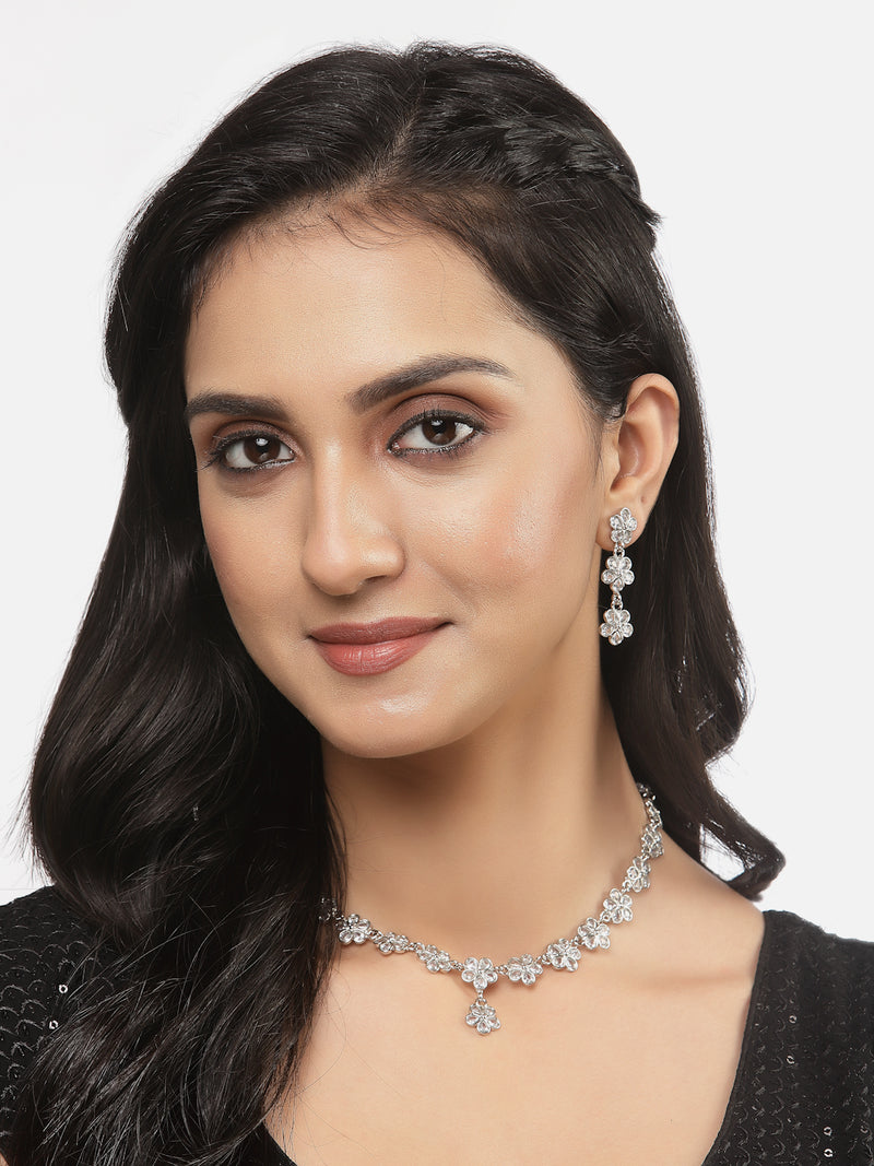 Oxidised Silver-Plated Flower Shaped White American Diamond Studded Necklace with Earrings Jewellery Set