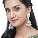Gold-Plated Grey & White Kundan-Pearls studded Crescent Shaped Hand Painted Jhumka Earrings