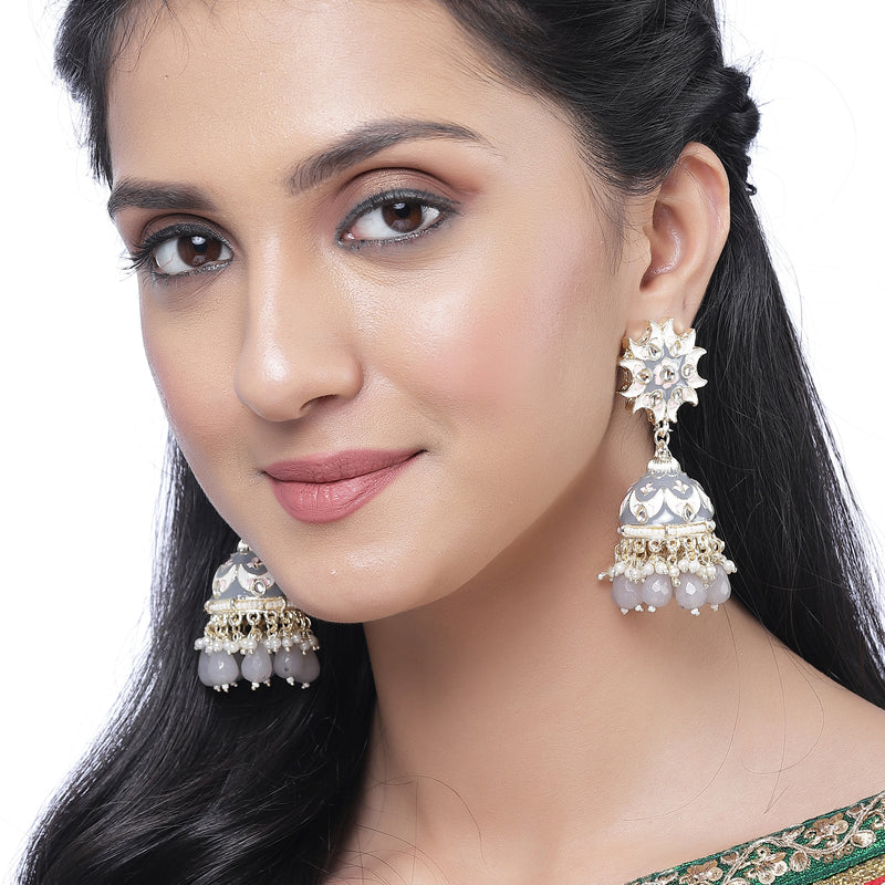 Gold-Plated Grey & White Kundan-Pearls studded Crescent Shaped Hand Painted Jhumka Earrings