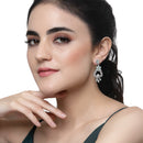 Rhodium-Plated Sea Green & White American Diamond studded Floral Shaped Drop Earrings