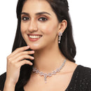 Rhodium-Plated Silver Toned Flower Pink American Diamond Studded Necklace with Earring Jewellery Set