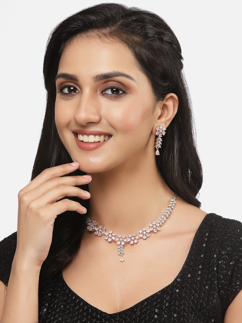 Rhodium-Plated Silver Toned Flower Pink American Diamond Studded Necklace with Earring Jewellery Set