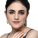 Rhodium-Plated Sea Green & White American Diamond studded Floral Shaped Drop Earrings