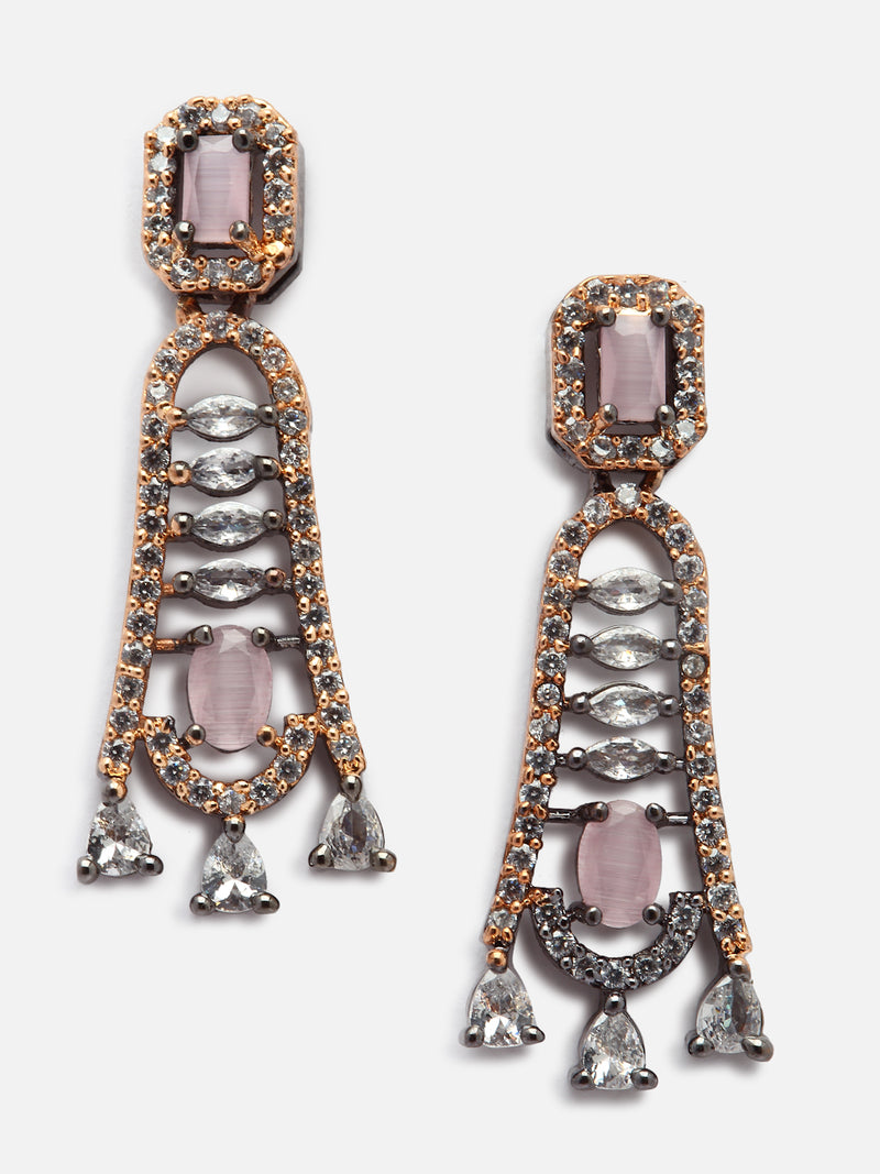 Rose Gold-Plated Gunmetal Toned Pink American Diamond studded Classic Contemporary Drop Earrings