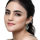 Rhodium-Plated Green & White American Diamond studded Floral Shaped Drop Earrings