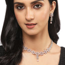 Rhodium-Plated Silver Toned Flower Pink American Diamond Studded Necklace with Earring Jewellery Set