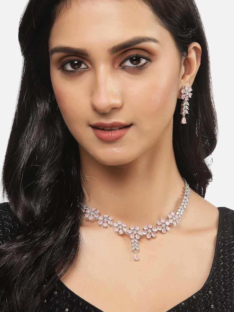 Rhodium-Plated Silver Toned Flower Pink American Diamond Studded Necklace with Earring Jewellery Set