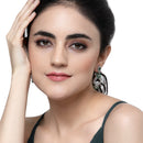 Rhodium-Plated Green & White American Diamond studded Floral Shaped Drop Earrings