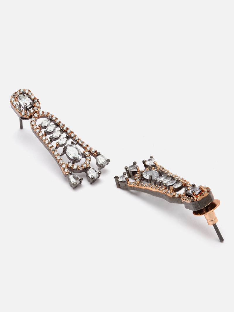 Rose Gold-Plated Gunmetal Toned White American Diamond studded Classic Contemporary Drop Earrings