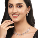 Rhodium-Plated Silver Toned Pink American Diamond Studded Necklace with Earrings Jewellery Set