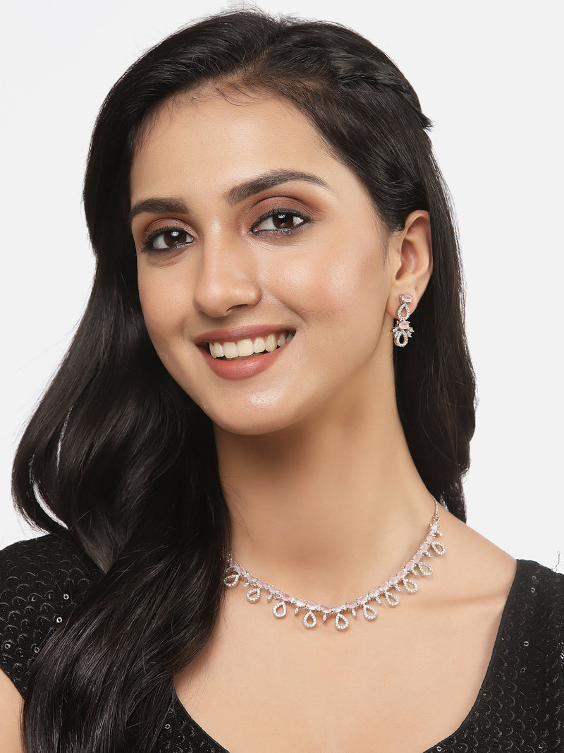 Rhodium-Plated Silver Toned Pink American Diamond Studded Necklace with Earrings Jewellery Set