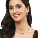 Rhodium-Plated Silver Toned Pink American Diamond Studded Necklace with Earrings Jewellery Set