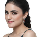 Rhodium-Plated Red American Diamond studded Handcrafted Teardrop Layered Drop Earrings