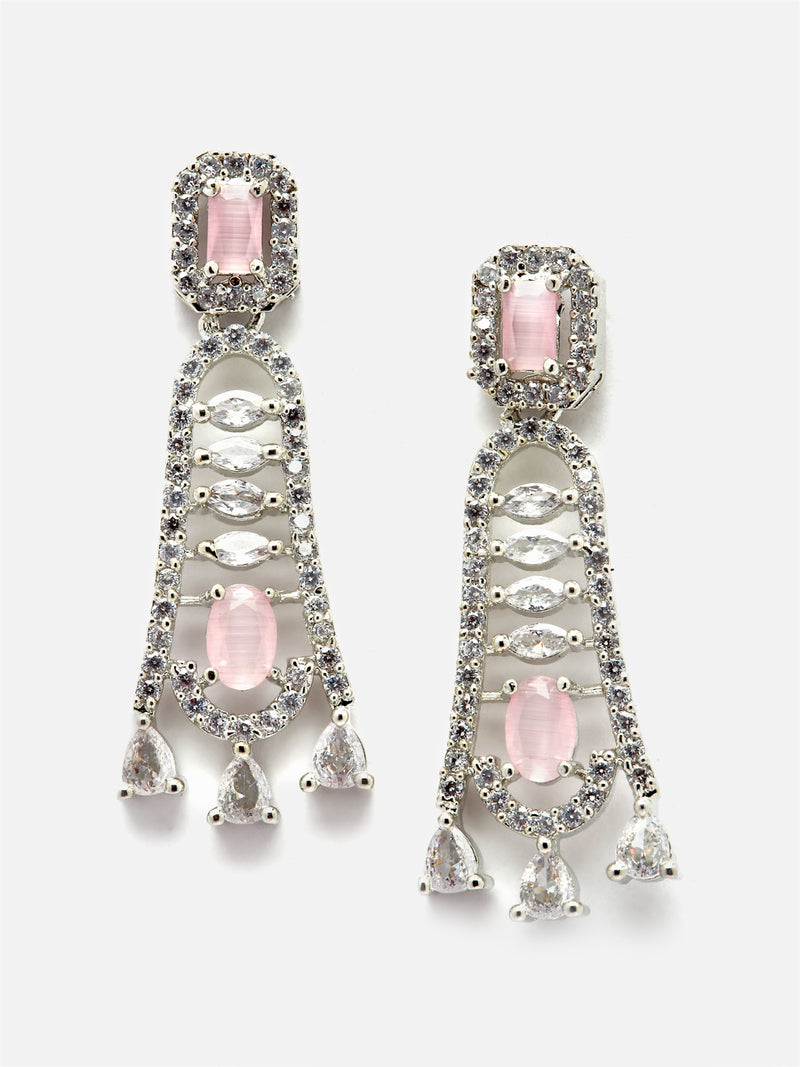 Rhodium-Plated Pink American Diamond studded Classic Contemporary Drop Earrings