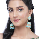 Gold-Plated Sky Blue & White Kundan-Pearls studded Star Shaped Enamelled Jhumka Earrings