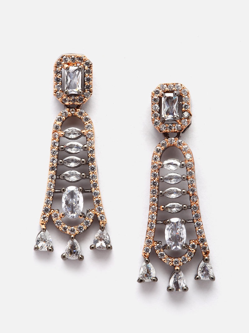 Rose Gold-Plated Gunmetal Toned White American Diamond studded Classic Contemporary Drop Earrings