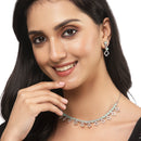 Rhodium-Plated Silver Toned Rectangle Sea Green American Diamond Studded Necklace Earrings Jewellery Set