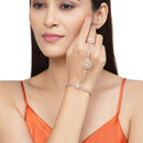 Rose Gold-Plated Flower White American Diamond Studded Hand Chain Link Ring Bracelet