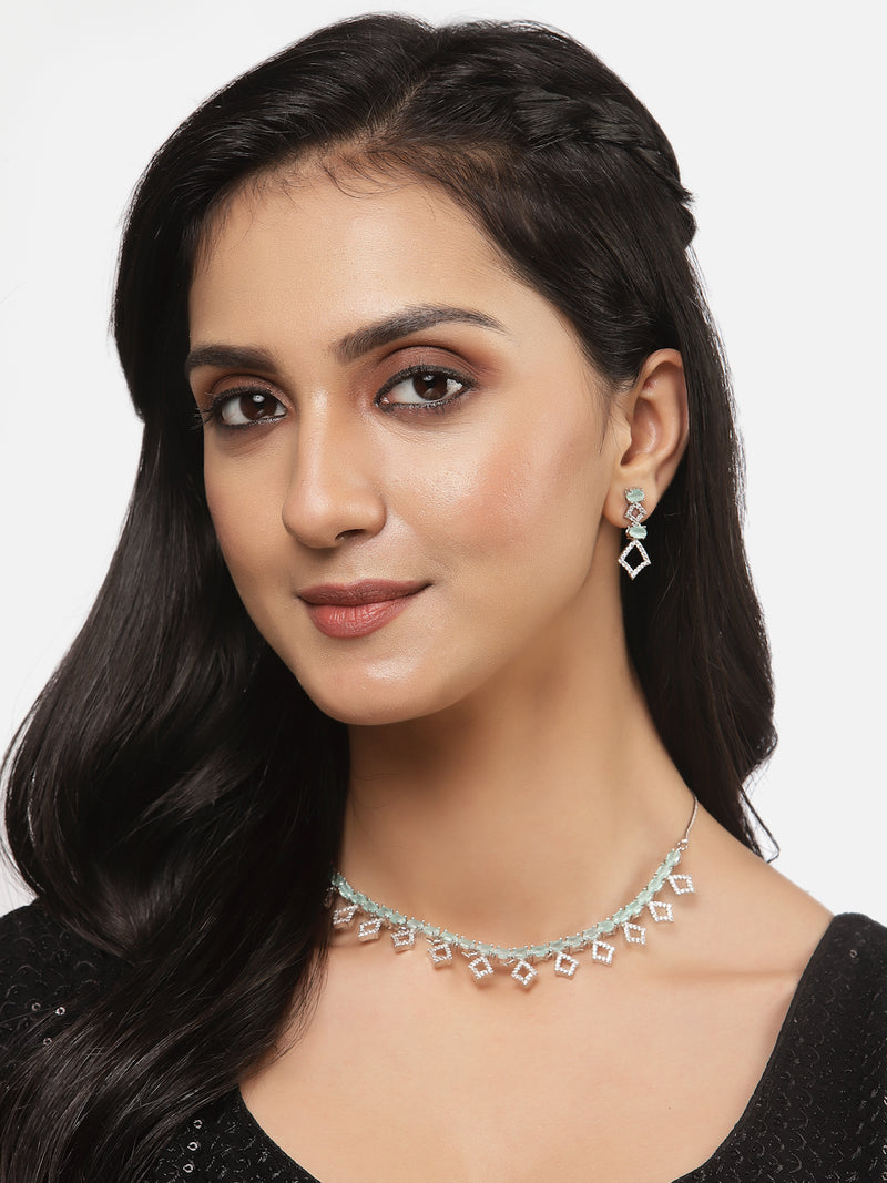 Rhodium-Plated Silver Toned Rectangle Sea Green American Diamond Studded Necklace Earrings Jewellery Set
