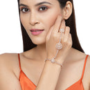 Rose Gold-Plated Flower White American Diamond Studded Hand Chain Link Ring Bracelet