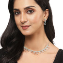 Rhodium-Plated Silver Toned Rectangle Sea Green American Diamond Studded Necklace Earrings Jewellery Set