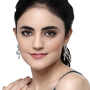 Rhodium-Plated Sea Green American Diamond studded Handcrafted Oval & Teardrop Shaped Drop Earrings