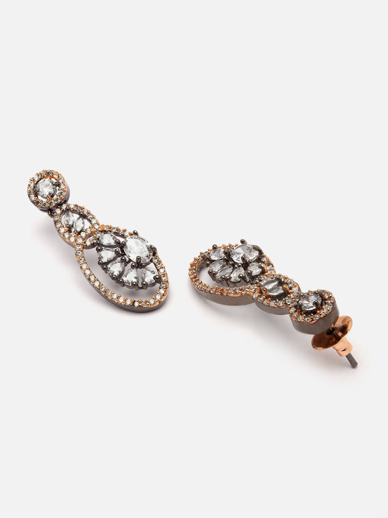 Rose Gold-Plated Gunmetal Toned White American Diamond studded Oval & Quirky Shaped Drop Earrings