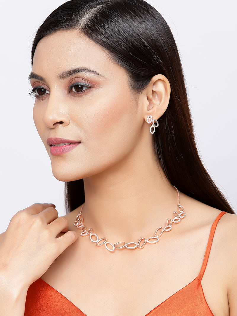 Rose Gold-Plated White American Diamond Studded Oval Shaped Necklace with Earrings Jewellery Set