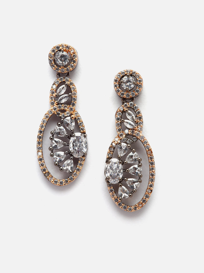 Rose Gold-Plated Gunmetal Toned White American Diamond studded Oval & Quirky Shaped Drop Earrings