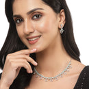 Rhodium-Plated Silver Toned Sea Green American Diamond Studded Necklace with Earrings Jewellery Set