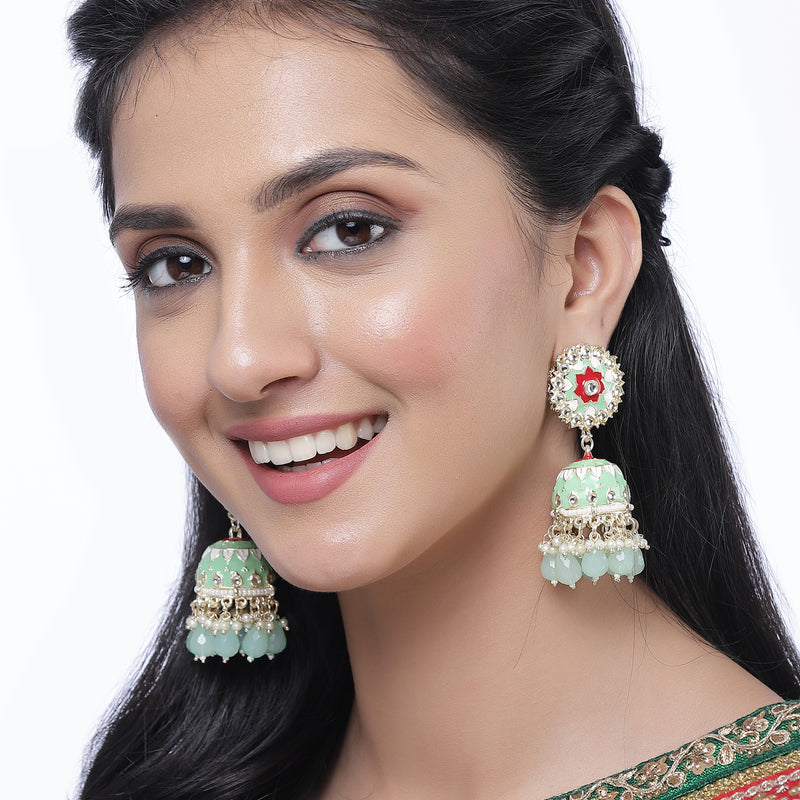 Gold-Plated Sea Green Kundan & White Pearls studded Dome Shaped Handcrafted Jhumka Earrings