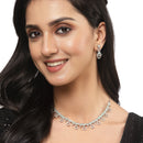 Rhodium-Plated Silver Toned Sea Green American Diamond Studded Necklace with Earrings Jewellery Set