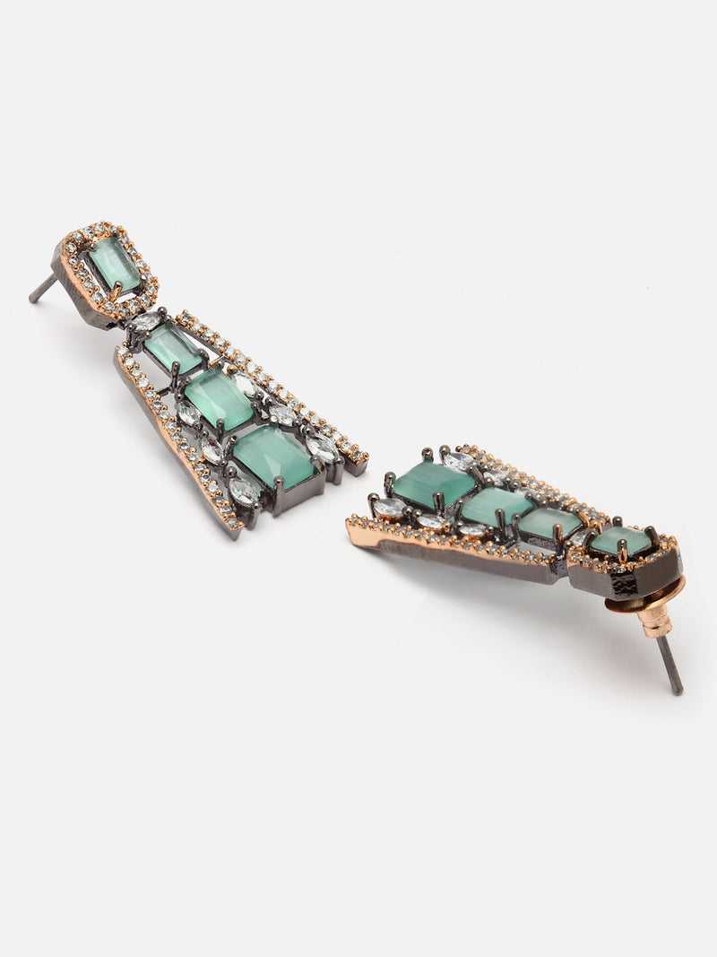 Rose Gold-Plated Gunmetal Toned Sea Green American Diamond studded Contemporary Drop Earrings