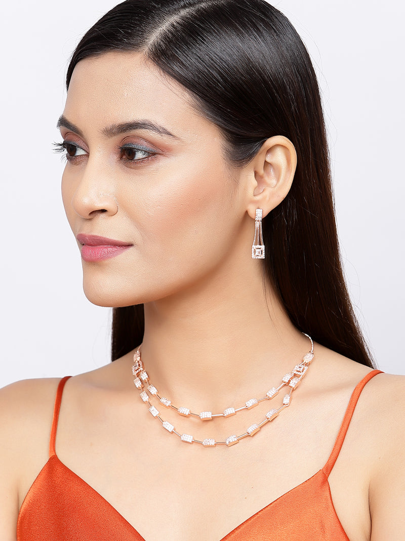 Rose Gold-Plated White American Diamond Studded Charismatic Necklace with Earrings Jewellery Set