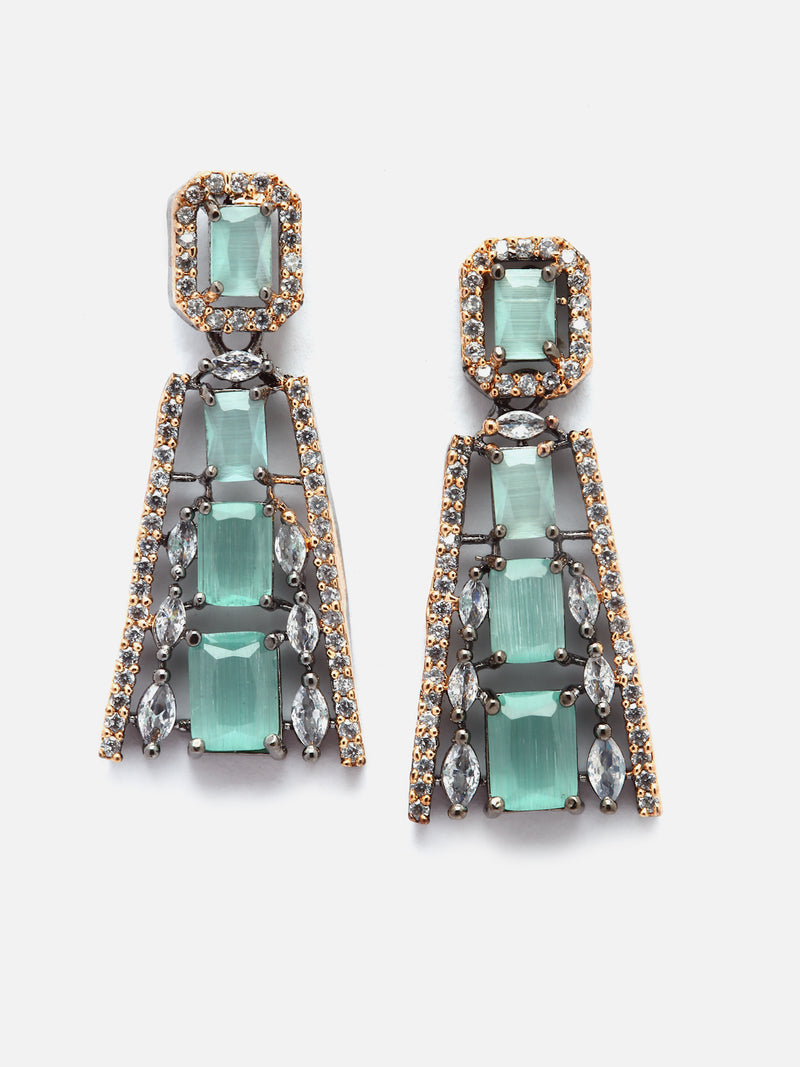 Rose Gold-Plated Gunmetal Toned Sea Green American Diamond studded Contemporary Drop Earrings